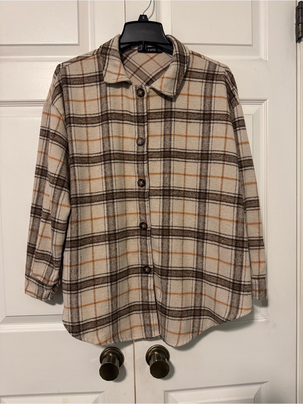 Zaful Cream Plaid Button down flannel Shirt Jacket 8 Medium